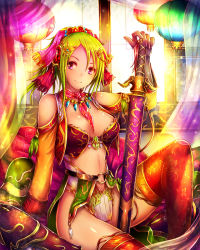 Rule 34 | 1girl, bad id, bad pixiv id, bare shoulders, breasts, green hair, hair ornament, jewelry, kara (color), long hair, necklace, purple eyes, red thighhighs, sheath, sheathed, smile, solo, souken no cross age, source request, sword, thighhighs, thighs, weapon