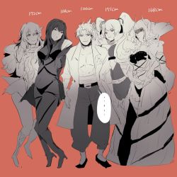 Rule 34 | ..., 10s, 1boy, 4girls, anne bonny (fate), artemis (fate), artist request, blouse, carmilla (fate), commentary request, fate/extra, fate/grand order, fate (series), height chart, height conscious, highres, leaning on person, li shuwen (fate), li shuwen (fate/grand order), li shuwen (young) (fate), li shuwen (young) (third ascension) (fate), monochrome, multiple girls, open clothes, open shirt, orion (bear) (fate), red background, scathach (fate), shirt, sketch