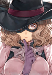 Rule 34 | 10s, 1girl, ascot, black hat, breasts, brooch, brown eyes, brown hair, closed mouth, domino mask, gloves, hagure keg, hat, index finger raised, jewelry, large breasts, mask, okumura haru, persona, persona 5, purple gloves, smile, solo, upper body, wavy hair