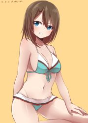 Rule 34 | &gt;:d, 10s, 1girl, :d, bikini, blue eyes, blush, breasts, brown hair, cleavage, collarbone, cowboy shot, female focus, front-tie bikini top, front-tie top, grin, hair ornament, hairclip, highres, hoshimiya aki, kantai collection, large breasts, looking at viewer, looking to the side, maya (kancolle), maya kai ni (kancolle), midriff, navel, open mouth, orange background, pleated skirt, short hair, simple background, sitting, sketch, skirt, smile, solo, swimsuit, twitter username, v-shaped eyebrows