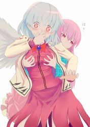Rule 34 | 2girls, blush, bow, bowtie, breasts, covering own mouth, dress, grabbing, grabbing another&#039;s breast, grabbing from behind, groping, hand to own mouth, hata no kokoro, highres, ishikkoro, jacket, kishin sagume, long hair, long sleeves, looking at viewer, looking to the side, medium breasts, multiple girls, pink hair, plaid, plaid shirt, purple dress, red eyes, shirt, short hair, silver hair, simple background, single wing, sweatdrop, text focus, touhou, white background, wings, yuri