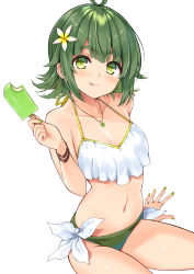 Rule 34 | 1girl, :p, ahoge, bare shoulders, bikini, blush, bracelet, breasts, closed mouth, collarbone, commentary request, cowboy shot, cu-no, eating, flower, food, green eyes, green hair, hair between eyes, hair flower, hair ornament, hisen kaede, holding, ice cream, jewelry, looking at viewer, nail polish, navel, necklace, nonono futaba, short hair, side-tie bikini bottom, simple background, sitting, small breasts, smile, solo, swimsuit, thighs, tongue, tongue out, white background