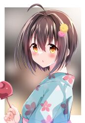 1girl absurdres ahoge black_hair blue_kimono blurry blurry_background blush border breasts candy_apple floral_print floral_print_kimono flower food from_side hair_flower hair_ornament highres holding holding_food idolmaster idolmaster_cinderella_girls idolmaster_cinderella_girls_starlight_stage japanese_clothes kimono kohinata_miho long_sleeves looking_at_viewer medium_breasts obi outside_border parted_lips pink_flower pink_sash sash short_hair solo tktk135 upper_body white_border yellow_eyes yellow_flower