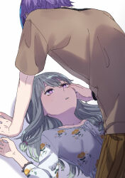 Rule 34 | 1boy, 1girl, blue hair, brown shirt, commentary request, floral print, green skirt, hand on another&#039;s face, hetero, highres, kamishiro rui, kusanagi nene, long hair, long sleeves, looking at another, m ccc chi, multicolored hair, parted lips, project sekai, purple eyes, purple hair, shirt, short hair, short sleeves, simple background, skirt, sleeves past elbows, two-tone hair, white background
