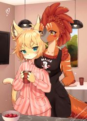 Rule 34 | 2girls, absurdres, ahoge, animal ears, aqua eyes, blonde hair, blush, borrowed character, bowl, breast rest, breasts, brown eyes, cat ears, cat girl, cat tail, commission, cup, dinosaur girl, feather hair, female focus, food, fruit, furry, furry female, green tea, highres, holding, holding cup, indoors, methynecros, mole, mole under eye, multiple girls, original, pajamas, parted lips, pink pajamas, red hair, strawberry, striped clothes, striped pajamas, table, tail, tea, yuri