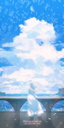 Rule 34 | 1girl, absurdres, blue sky, blue theme, braid, capelet, cloud, cloudy sky, commentary request, day, facing away, final fantasy, final fantasy xiv, floating hair, from behind, half updo, highres, horizon, korean commentary, long hair, lyrics, moon, nevermore sh, ocean, outdoors, railing, robe, scenery, single braid, sky, solo, standing, venat (ff14), water, white capelet, white hair, white robe, wide shot, wind