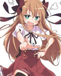 Rule 34 | 1girl, black ribbon, black thighhighs, blush, bow, brown hair, green eyes, hair bow, hair ribbon, hand on own hip, ixy, long hair, looking at viewer, mayoi neko overrun!, open mouth, red bow, red ribbon, red skirt, ribbon, serizawa fumino, shirt, short sleeves, simple background, skirt, solo, thighhighs, white background, white shirt