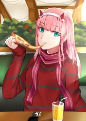 Rule 34 | 10s, 1girl, absurdres, alphaarietis, alternate costume, aqua eyes, casual, cellphone, character doll, commentary, cup, darling in the franxx, drinking glass, drinking straw, eating, food, glass, hairband, highres, hiro (darling in the franxx), holding, holding food, holding pizza, horns, long hair, looking at viewer, phone, pink hair, pizza, red horns, red scarf, red sweater, scarf, sitting, sleeves past wrists, smartphone, solo, striped clothes, striped scarf, striped sweater, sweater, white hairband, zero two (darling in the franxx)