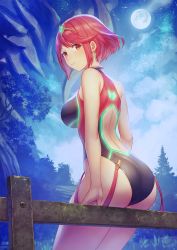 Rule 34 | 1girl, anbe yoshirou, ass, back cutout, bare arms, bare shoulders, breasts, clothing cutout, competition swimsuit, earrings, emerald float, fence, full moon, gem, highres, jewelry, large breasts, looking at viewer, looking back, moon, multicolored clothes, multicolored swimsuit, nintendo, one-piece swimsuit, outdoors, parted lips, pyra (pro swimmer) (xenoblade), pyra (xenoblade), red eyes, red hair, short hair, sitting, smile, solo, swept bangs, swimsuit, thighs, tiara, tree, xenoblade chronicles (series), xenoblade chronicles 2