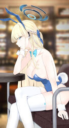 Rule 34 | 1girl, absurdres, alternate breast size, animal ears, bare shoulders, blonde hair, blue archive, blue bow, blue eyes, blue hairband, blue leotard, blurry, blurry background, bow, bowtie, braid, breasts, chair, crossed legs, detached collar, earpiece, elbow rest, fake animal ears, french braid, hairband, halo, highleg, highleg leotard, highres, janku, large breasts, leotard, long hair, lounge chair, official alternate costume, official alternate hairstyle, parted lips, playboy bunny, rabbit ears, rabbit tail, sitting, skindentation, table, tail, thighhighs, thighs, toki (blue archive), toki (bunny) (blue archive), very long hair, white thighhighs, wrist cuffs