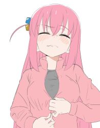 Rule 34 | 1girl, bocchi the rock!, closed eyes, double-parted bangs, doublep0ints, facing viewer, feet out of frame, female focus, gotoh hitori, grey shirt, hair between eyes, hair ornament, highres, long hair, one side up, pink hair, shirt, shirt under jacket, sidelocks, simple background, solo focus, upper body, very long hair, white background, zipper