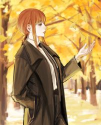 Rule 34 | 1girl, autumn, autumn leaves, black coat, black necktie, black pants, braid, braided ponytail, chainsaw man, coat, collared shirt, formal, ginkgo tree, hand in pocket, highres, kamo (kamonegioisi), looking to the side, makima (chainsaw man), medium hair, necktie, pants, red hair, shirt, sidelocks, solo, suit, white shirt, yellow theme