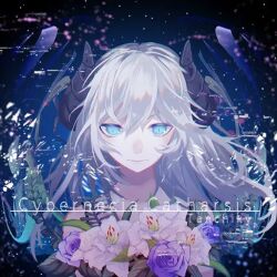 Rule 34 | 1girl, arcaea, bare shoulders, blue eyes, bouquet, flower, horns, light smile, long hair, looking at viewer, mirimo, official art, original, purple flower, solo, tagme, white hair