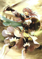 Rule 34 | 1girl, armor, armored boots, boots, cape, fire emblem, fire emblem cipher, fire emblem fates, gloves, hairband, highres, long hair, nintendo, official art, open mouth, pauldrons, pink hair, red eyes, shield, shoulder armor, soleil (fire emblem), solo, sword, wada sachiko, weapon