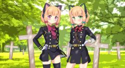 Rule 34 | 2girls, absurdres, blonde hair, blue archive, commission, cross, forest, gloves, grass, green eyes, highres, kiniro tofu, midori (blue archive), momoi (blue archive), multiple girls, nature, owari no seraph, pink eyes, ribbon, shoes, siblings, sisters, tree, twins, uniform