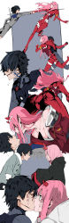 Rule 34 | 10s, 1boy, 1girl, absurdres, aged down, asymmetrical horns, black hair, couple, darling in the franxx, artistic error, face-to-face, hetero, highres, hiro (darling in the franxx), horns, kiss, long hair, looking at another, pilot suit, pink hair, short hair, touwaki14, uneven horns, zero two (darling in the franxx)