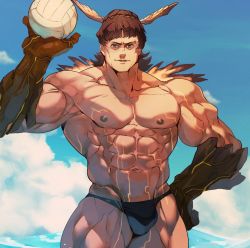 Rule 34 | 1boy, abs, alternate costume, ball, bara, bare pectorals, black male swimwear, brown eyes, brown hair, bulge, cloud, cloudy sky, cowboy shot, feathered wings, glowing, granblue fantasy, helmet, holding, holding ball, large pectorals, light smile, male focus, male swimwear, medium hair, muscular, navel, nipples, outdoors, pectorals, rybiok, sky, solo, standing, summer, swim briefs, swimsuit, thick thighs, thighs, topless male, uriel (granblue fantasy), veins, volleyball (object), winged hair ornament, winged helmet, wings