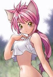 Rule 34 | 1girl, animal ears, artist request, blush, breasts, brown eyes, cat ears, cat girl, character request, copyright request, crop top, long hair, looking at viewer, lowres, medium breasts, midriff, navel, open mouth, pink hair, ponytail, shirt, sleeveless, sleeveless shirt, upper body, white shirt