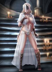Rule 34 | 1girl, absurdres, blindfold, blonde hair, breasts, candle, charleian, cloak, closed mouth, covered eyes, dark souls (series), dark souls iii, fire keeper, full body, highres, jewelry, large breasts, lips, long hair, looking at viewer, mask, revealing clothes, smile, solo, underwear