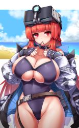 Rule 34 | 1girl, absurdres, beach, belt, blunt bangs, blush, breasts, cho!cho!, cleavage cutout, clothing cutout, cloud, collar, day, fingerless gloves, gloves, goggles, goggles on head, highleg, highleg leotard, highres, huge breasts, last origin, leotard, leprechaun (last origin), looking at viewer, mole, mole under eye, mouth hold, outdoors, purple gloves, purple leotard, red eyes, red hair, sand, sidelocks, sky, solo, wide hips
