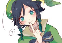 Rule 34 | 1boy, ?, androgynous, beret, black hair, blue hair, blush, bow, braid, cape, closed mouth, collared cape, collared shirt, flower, genshin impact, gradient hair, green eyes, green hat, hat, hat flower, looking at viewer, male focus, multicolored hair, nekorin chu, pointing, pointing up, shirt, short hair with long locks, simple background, smile, solo, speech bubble, twin braids, venti (genshin impact), white background, white flower, white shirt