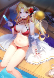Rule 34 | 1girl, :d, alternate costume, alternate hairstyle, bare shoulders, bikini, black ribbon, blonde hair, blurry foreground, blush, breasts, breasts apart, choker, collarbone, ereshkigal (fate), fate/grand order, fate (series), flower, food, hair flower, hair ornament, hair ribbon, holding, holding food, long hair, looking at viewer, looking up, luobo (nsnr8754), medium breasts, melting, open clothes, open mouth, open shirt, popsicle, red bikini, red choker, red eyes, red flower, ribbon, shirt, side-tie bikini bottom, sitting, smile, solo, swimsuit, water, white shirt