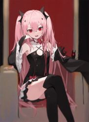 Rule 34 | 1girl, aiko (kanl), armpits, bare shoulders, black dress, black thighhighs, blurry, criss-cross halter, crossed legs, detached collar, detached sleeves, dress, fangs, hair ornament, halter dress, halterneck, hand up, head rest, highres, krul tepes, long hair, long sleeves, looking at viewer, open mouth, owari no seraph, pink hair, pointy ears, red eyes, short dress, sitting, smile, solo, spaghetti strap, thighhighs, thighs, throne, two side up, v-shaped eyebrows, very long hair, wide sleeves