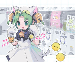 Rule 34 | 1girl, :3, :d, animal hat, apron, bell, blue eyes, bow, bowtie, cat hat, cat tail, dejiko, di gi charat, dress, gashapon, gema, green eyes, green hair, hair intakes, hands up, hat, highres, jingle bell, mittens, morizo (morizoshop), multicolored eyes, open mouth, puffy short sleeves, puffy sleeves, purple bow, purple bowtie, purple dress, short hair, short sleeves, smile, solo, tail, white apron, white hat, white mittens, white tail