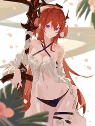 Rule 34 | 1girl, absurdres, arknights, babydoll, bare shoulders, bikini, commentary request, cowboy shot, criss-cross halter, detached sleeves, halterneck, highres, horns, long hair, looking at viewer, nakatsuka123, navel, official alternate costume, petals, purple eyes, red hair, solo, standing, stomach, surtr (arknights), surtr (colorful wonderland) (arknights), swimsuit, sword, thigh strap, thighs, very long hair, weapon