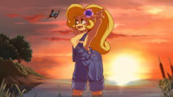 Rule 34 | 1girl, belt, blonde hair, breasts, bug, butterfly, coco bandicoot, crash bandicoot (series), fang, flower, flower on head, full body, furry, green eyes, highres, bug, long hair, medium breasts, nipples, open mouth, outdoors, overalls, plague of gripes, ponytail, smile, sunset, third-party edit, tree, water