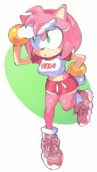 Rule 34 | 1girl, :o, alternate costume, amy rose, animal ears, animal nose, body fur, bracelet, breasts, clothes writing, company name, crop top, drawstring, full body, furry, furry female, gloves, green eyes, hairband, highres, inkerton-kun, jewelry, large breasts, midriff, open mouth, pink footwear, pink fur, pink hair, red shorts, ringer t-shirt, shirt, shoes, short hair, short sleeves, shorts, sneakers, solo, sonic (series), standing, standing on one leg, t-shirt
