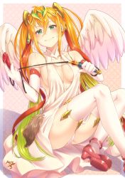 Rule 34 | 1girl, angel wings, bare shoulders, breasts, cameltoe, candle, cleavage, elbow gloves, gloves, green eyes, headdress, highres, leilan (p&amp;d), long hair, looking at viewer, orange hair, puzzle &amp; dragons, smile, solo, thighhighs, whip, wings, yuzutosen