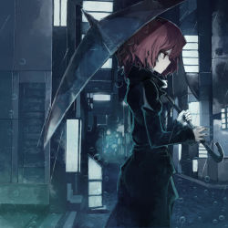 Rule 34 | 1girl, alternate breast size, building, closed mouth, contemporary, cowboy shot, elbow gloves, from side, fur trim, gloves, hair bobbles, hair ornament, highres, holding, holding umbrella, juliet sleeves, long sleeves, looking down, onozuka komachi, outdoors, profile, puffy sleeves, rain, raincoat, red eyes, red hair, road, scythe, short twintails, solo, standing, street, touhou, town, twintails, two side up, umbrella, water, water drop, window, yoshioka yoshiko