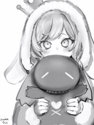 Rule 34 | 1girl, animal hat, blush, copyright request, dated, greyscale, hat, highres, holding, indie virtual youtuber, kouma toware, looking at viewer, monochrome, nanashi (nlo), simple background, solo, upper body, virtual youtuber, white background