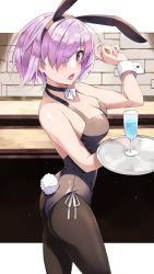 Rule 34 | 1girl, :o, absurdres, animal ears, ass, black choker, black leotard, black pantyhose, blush, breasts, choker, cleavage, commentary request, commission, cup, drinking glass, fake animal ears, fate/grand order, fate (series), from side, hair over one eye, hand up, highres, holding, holding tray, large breasts, leotard, mash kyrielight, nail polish, neck ribbon, open mouth, pantyhose, pink eyes, pink hair, pink nails, pixiv commission, playboy bunny, rabbit ears, rabbit tail, ribbon, short hair, solo, tail, tray, wine glass, wrist cuffs, yanagi marie