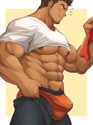 Rule 34 | 1boy, abs, absurdres, bara, bare pectorals, biceps, black pants, blush, border, briefs, brown hair, bulge, clothes lift, clothes pull, commentary, cowboy shot, dark-skinned male, dark nipples, dark skin, facial hair, frown, goatee, goatee stubble, half-closed eyes, hand up, highres, holding, holding clothes, holding underwear, kareraisu, large pectorals, male focus, male underwear, muscular, muscular male, mustache stubble, navel, navel hair, nipples, notice lines, open pants, orange male underwear, original, outside border, pants, pants pull, pectorals, profile, red male underwear, shirt, shirt lift, short hair, short sleeves, simple background, solo, spiked hair, standing, stubble, sweatdrop, symbol-only commentary, taut clothes, taut shirt, underpec, underwear, veins, veiny arms, white border, white shirt, yellow background