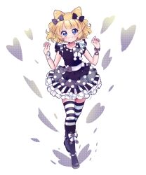 Rule 34 | 1girl, black bow, black dress, black footwear, blonde hair, blue eyes, blunt bangs, blush, bow, chii (chi pppuri), commentary request, cone hair bun, double bun, dress, full body, grin, hair bow, hair bun, hands up, highres, idol clothes, looking at viewer, minami mirei, open mouth, pretty series, pripara, short hair, smile, solo, standing, striped clothes, striped thighhighs, thighhighs