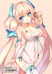Rule 34 | 1girl, adapted costume, alternate costume, angela balzac, bare shoulders, blonde hair, blue eyes, blush, breasts, candy, chocolate, chocolate heart, cleavage, colored eyelashes, detached sleeves, female focus, food, fujishima-sei ichi-gou, headgear, heart, highres, large breasts, long hair, low twintails, navel, open m/, open mouth, pink thighhighs, rakuen tsuihou, see-through, solo, thighhighs, twintails, valentine, very long hair