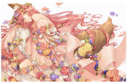 Rule 34 | 10s, animal ears, asymmetrical legwear, blurry, depth of field, fate/extra, fate/extra ccc, fate (series), flower, fox ears, fox tail, from above, hair between eyes, hair flower, hair ornament, head wreath, highres, hino hinako, long hair, looking at viewer, lying, off shoulder, on side, parted bangs, pink hair, tagme, tail, tamamo (fate), tamamo no mae (fate/extra), thighhighs, uneven legwear, very long hair, white background, white thighhighs, yellow eyes