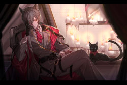 Rule 34 | 1boy, absurdres, animal ears, arknights, bishounen, black cat, black gloves, candle, candlelight, cat, cat boy, cat ears, chair, chongyou pomelo, christine (arknights), cowboy shot, crossed legs, curtains, formal, gloves, highres, letterboxed, male focus, mirror, necktie, orange eyes, phantom (arknights), red ribbon, ribbon, sitting, slit pupils, solo, suit
