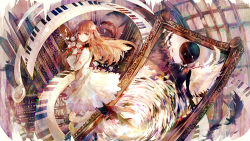 Rule 34 | 1boy, 1girl, bad id, bad pixiv id, bai qi-qsr, brown hair, deemo, deemo (character), flower, girl (deemo), hair flower, hair ornament, holding, holding flower, long hair, looking at another, looking at viewer, piano keys, red eyes