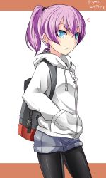 Rule 34 | 1girl, backpack, bag, black pantyhose, blue eyes, blush, casual, cat zipper, commentary request, cowboy shot, dated, eyes visible through hair, grey shorts, hair between eyes, hair tie, hands in pockets, hebitsukai-san, high ponytail, highres, hood, hood down, hoodie, kantai collection, long sleeves, looking at viewer, looking to the side, pantyhose, pantyhose under shorts, pink hair, pocket, ponytail, shiranui (kancolle), short shorts, shorts, solo, twitter username, zipper