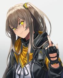 Rule 34 | 1girl, black gloves, black jacket, brown hair, closed mouth, commentary request, fingerless gloves, girls&#039; frontline, gloves, hair between eyes, hood, hooded jacket, jacket, long hair, looking at viewer, middle finger, one side up, open clothes, open jacket, scar, scar across eye, scar on face, shaded face, shirt, sidelocks, silence girl, solo, ump45 (girls&#039; frontline), upper body, white shirt, yellow eyes