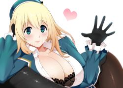 Rule 34 | 10s, 1girl, atago (kancolle), black bra, black gloves, black pantyhose, blonde hair, blue eyes, blush, bra, breasts, cleavage, commentary request, gloves, hat, heart, huge breasts, kantai collection, lace, lace-trimmed bra, lace trim, large breasts, long hair, long sleeves, looking at viewer, lying, mattari yufi, military, military uniform, on side, open clothes, open shirt, pantyhose, parted lips, shirt, sitting, sitting on lap, sitting on person, smile, solo, unbuttoned, underwear, uniform