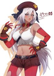 Rule 34 | 1girl, bare shoulders, belt, beret, black belt, bow, bowtie, brown hat, brown shorts, cowboy shot, crop top, cutoff jeans, cutoffs, elbow gloves, enoki 3106, fang, giroro (kemono friends), gloves, grey eyes, grey hair, hat, highres, japari symbol, kemono friends, kemono friends 3, keroro gunsou, long hair, midriff, navel, open mouth, pantyhose, red bow, red bowtie, red gloves, red pantyhose, scar, scar across eye, shirt, short shorts, shorts, sleeveless, solo, tank top, torn clothes, torn shirt, translation request, white hair, white shirt