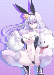 Rule 34 | 1girl, animal ears, black leotard, boo (mario), breasts, cleavage, closed eyes, closed mouth, commentary, commentary request, covered navel, english commentary, fake animal ears, ghost, gloves, gradient background, hair between eyes, hot vr, large breasts, leotard, long hair, luigi&#039;s mansion, mario (series), new super mario bros. u deluxe, nintendo, open mouth, patreon username, pixiv username, playboy bunny, princess king boo, purple background, purple eyes, purple thighhighs, rabbit, rabbit ears, sharp teeth, smile, squatting, super crown, teeth, thighhighs, thighs, tongue, tongue out, two-tone leotard, white gloves, white hair, white leotard