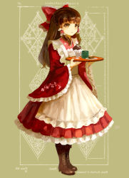 Rule 34 | 1girl, alternate costume, apron, bad id, bad pixiv id, boots, bow, brown eyes, brown hair, cross-laced footwear, frilled sleeves, frills, hair bow, hair tubes, hakama, hakama short skirt, hakama skirt, hakurei reimu, japanese clothes, keiko (mitakarawa), kimono, lace-up boots, maid, maid apron, petticoat, red hakama, red kimono, skirt, solo, touhou, tray, wa maid, wide sleeves