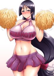 Rule 34 | 1girl, alternate costume, bare shoulders, black hair, blush, breasts, character name, cheerleader, cleavage, cleavage cutout, clothes writing, clothing cutout, collarbone, commentary request, fate/grand order, fate (series), flying sweatdrops, gradient background, hands up, highres, kanno takanori, large breasts, long hair, midriff, minamoto no raikou (fate), navel, pleated skirt, pom pom (cheerleading), purple eyes, purple skirt, simple background, skirt, smile, solo, stomach, sweatdrop, thighs, very long hair, white background
