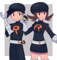 Rule 34 | 1boy, 1girl, :o, belt, black headwear, black jacket, black pants, boots, border, brown eyes, brown hair, closed mouth, commentary, creatures (company), ethan (pokemon), frown, game freak, gloves, grey background, grey eyes, hand up, hat, highres, holding, holding poke ball, jacket, logo, long hair, lyra (pokemon), nintendo, pants, poke ball, pokemon, pokemon hgss, team rocket, team rocket uniform, thigh boots, thighhighs, twintails, tyako 089, ultra ball, white belt, white border, white footwear, white gloves