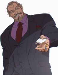 Rule 34 | 1boy, bara, beard, beckoning, black suit, business suit, cocaine, drugs, eddie cassano, facial hair, forked eyebrows, formal, great pretender, hand in pocket, handkerchief, highres, jewelry, looking at viewer, male focus, multiple rings, mustache, necktie, old, old man, outstretched hand, pink shirt, red necktie, ring, sa1k0p, shirt, solo, suit, thick eyebrows, thick mustache, upper body, white background, wrinkled skin
